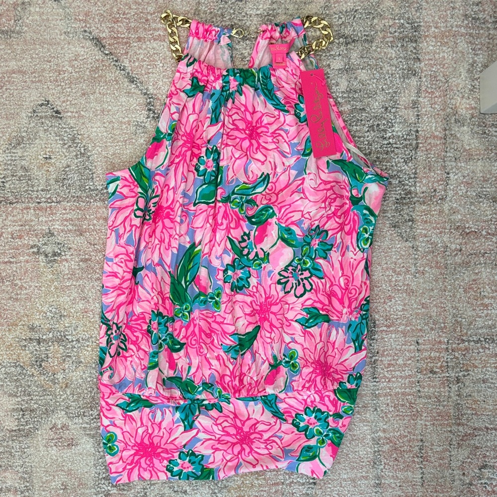 Lilly Pulitzer Pink and Green Floral Top with Gold Chain